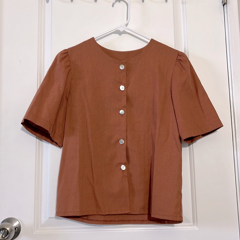 Japanese burnt orange / brown button top